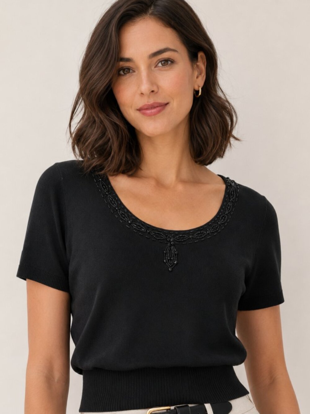 Emma James Black Knit Top Beaded Neckline Ribbed Waist Short Sleeve Large Petite